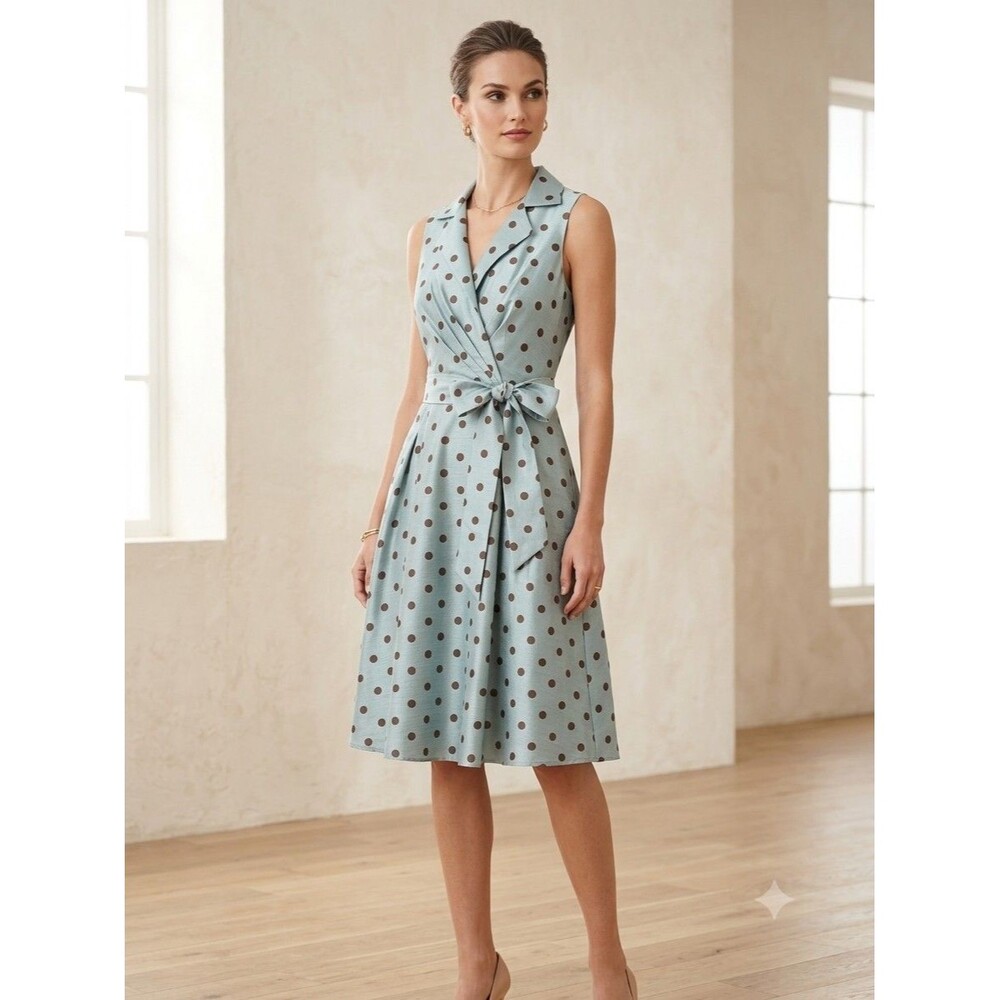 New Directions Light Blue & Brown Polka Dot Wrap Midi Dress - Size 4
